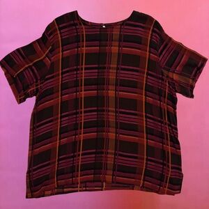 Vintage 80s Brown, Pink, and Orange Plaid Short-Sleeve Top, XXL - XXXL